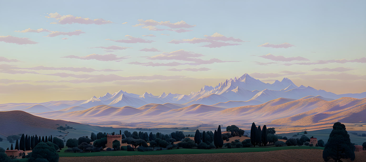 Serene landscape: rolling hills, village, snow-capped mountains at dawn