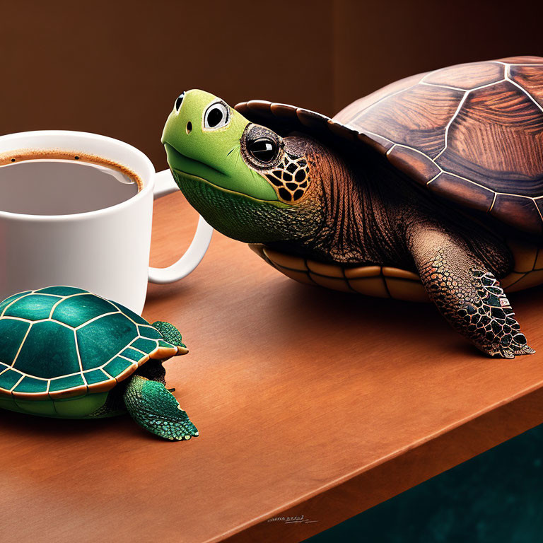 Turtle Figurine Design with Small Turtle and Coffee Cup on Wood