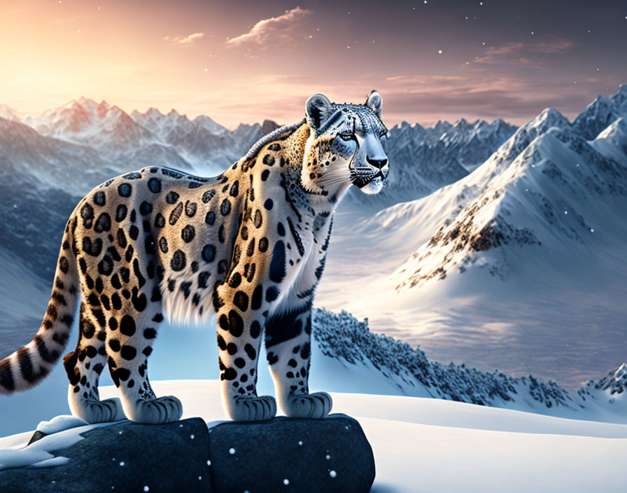 Snow leopard on rock in snowy mountain twilight.