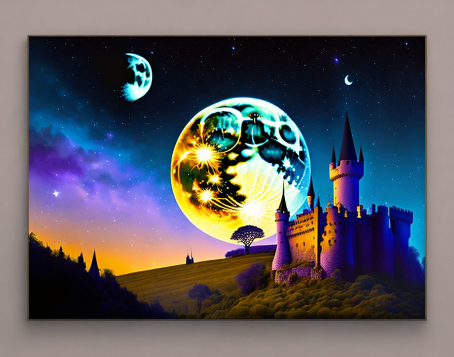 Digital Art: Castle on Hill with Fantasy Moon & Gears