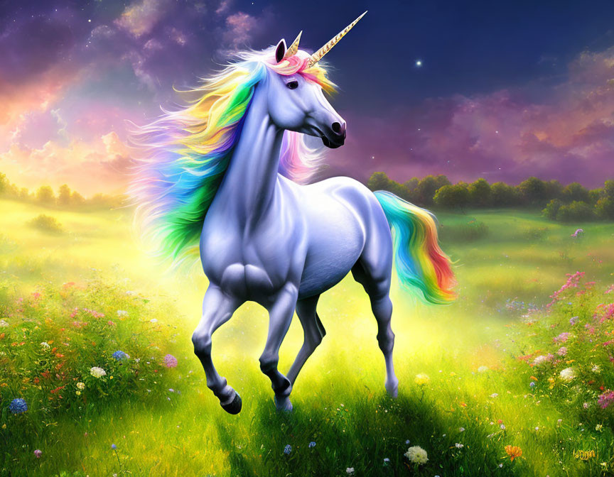 Colorful Unicorn with Rainbow Mane in Vibrant Meadow