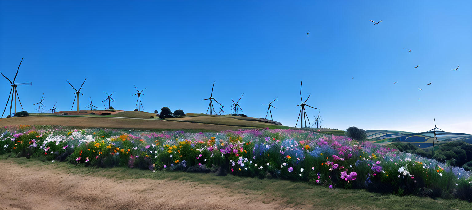 Panoramic view of wind farm on rolling hills with wildflowers and birds in clear blue sky