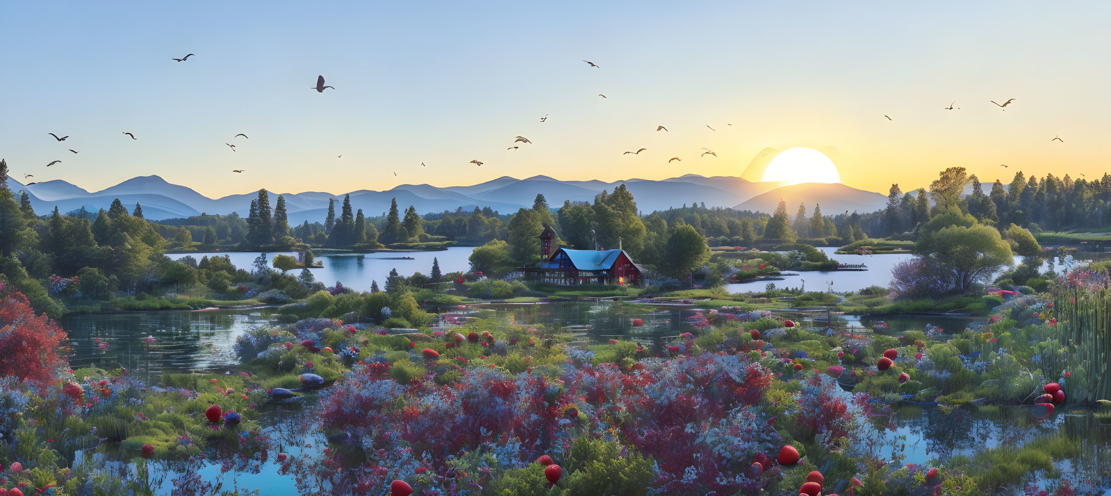 Scenic landscape with setting sun, mountains, lake, cabin, birds, and colorful flora