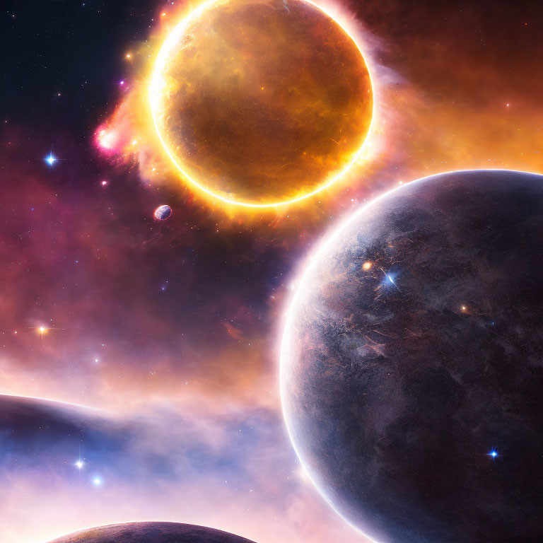 Colorful cosmic scene with sun, planets, stars, and nebulous clouds