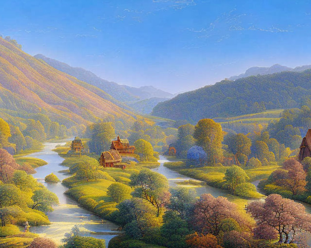 Tranquil landscape painting of river, valley, autumn trees, houses, misty mountains