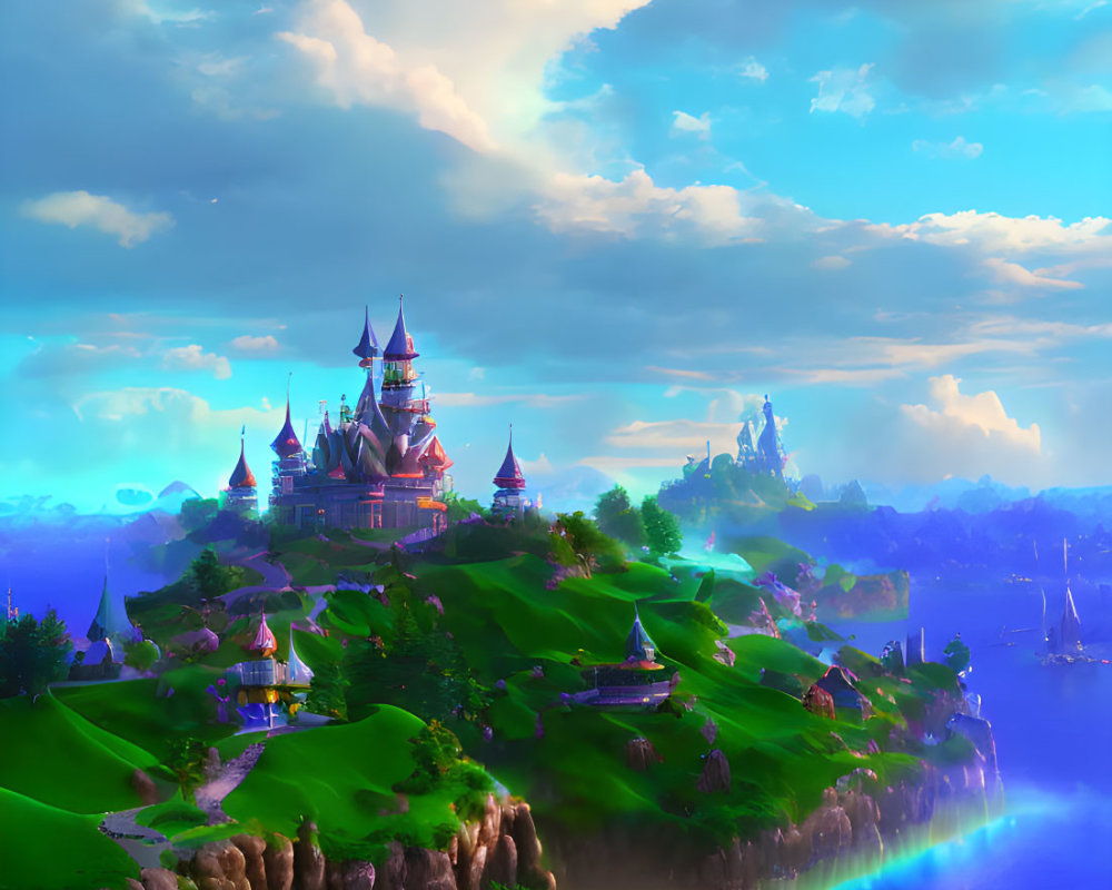 Majestic castle in vibrant fantasy landscape with rainbow