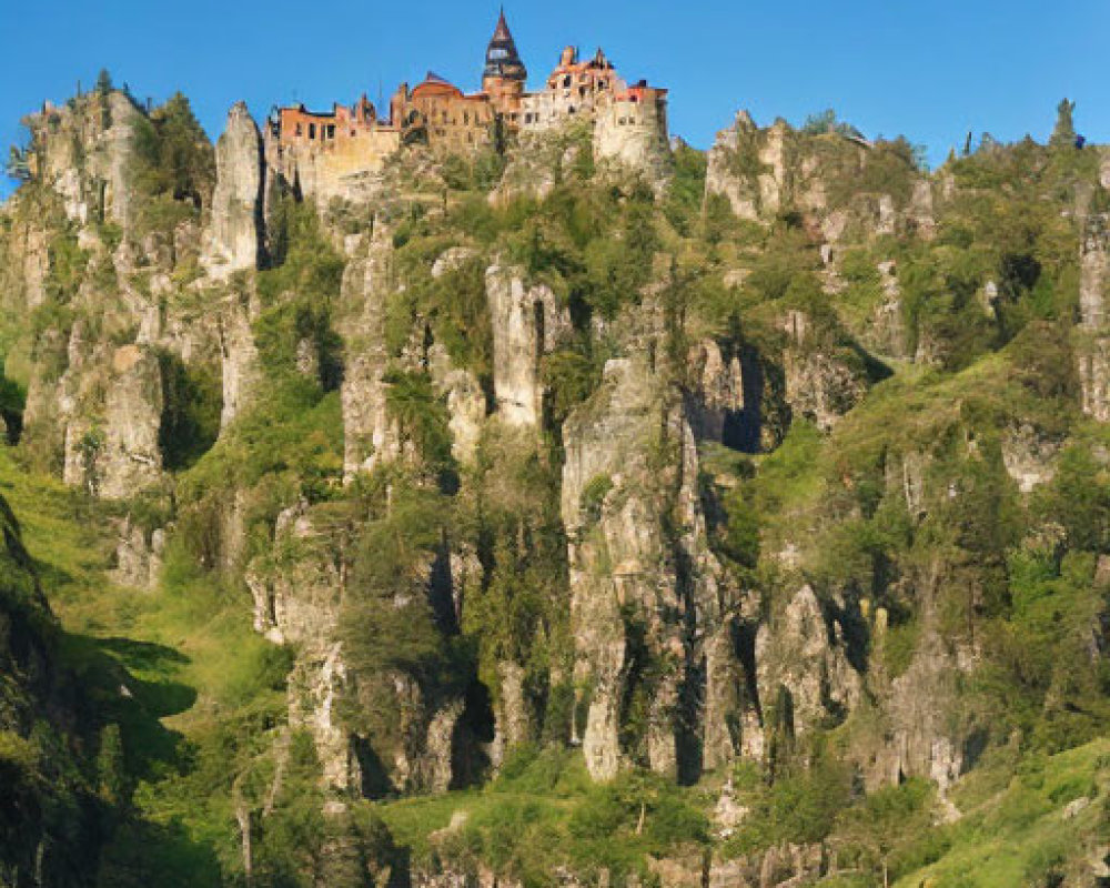 Medieval castle on rocky cliffs above green valley