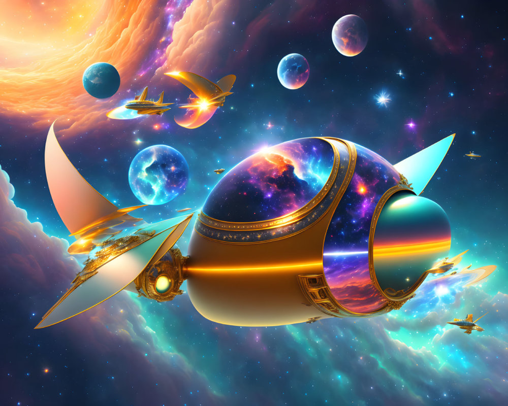 Futuristic spaceship with golden wings in vibrant sci-fi scene