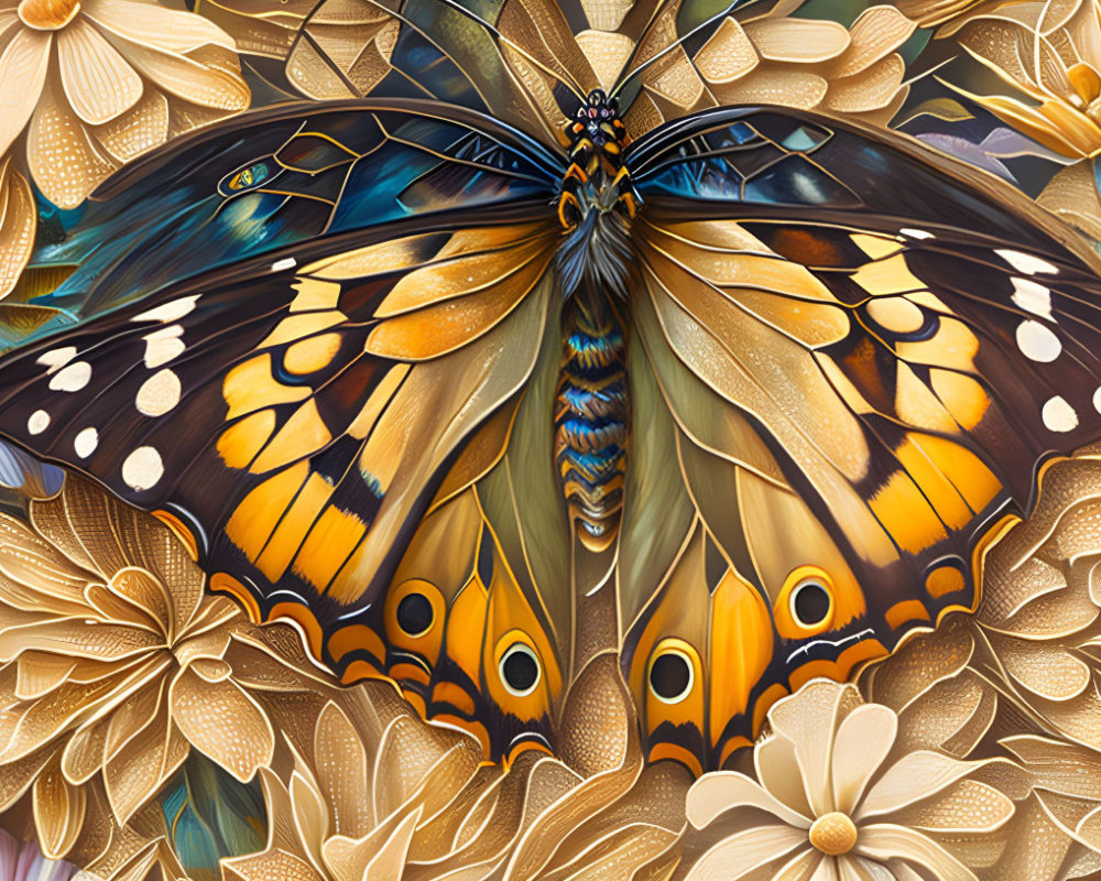 Detailed Butterfly Digital Art with Golden Flowers