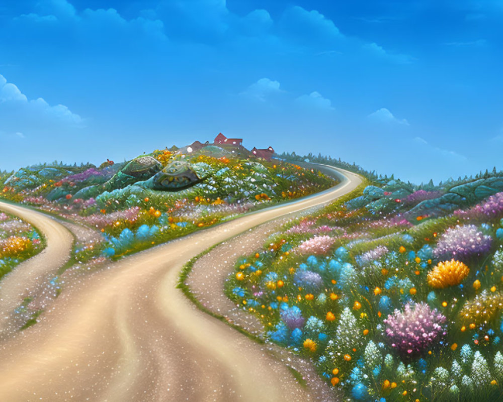 Colorful landscape with winding dirt roads and blooming flowers under a blue sky.