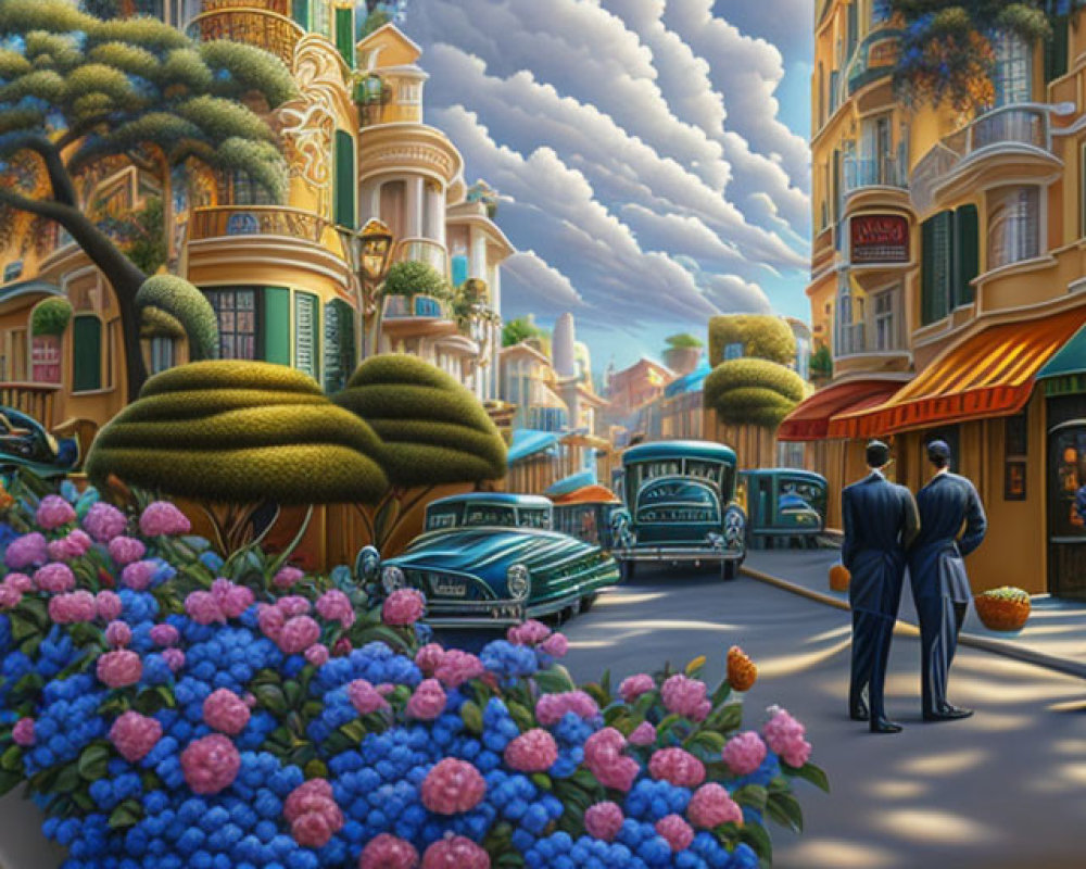 Classic cars, stylish people, colorful flowers, and ornate buildings in a vibrant street scene.