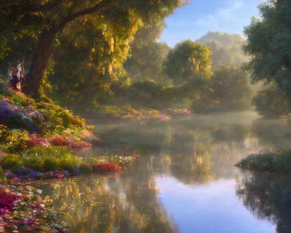 Tranquil landscape with river, greenery, flowers, and person in misty ambiance