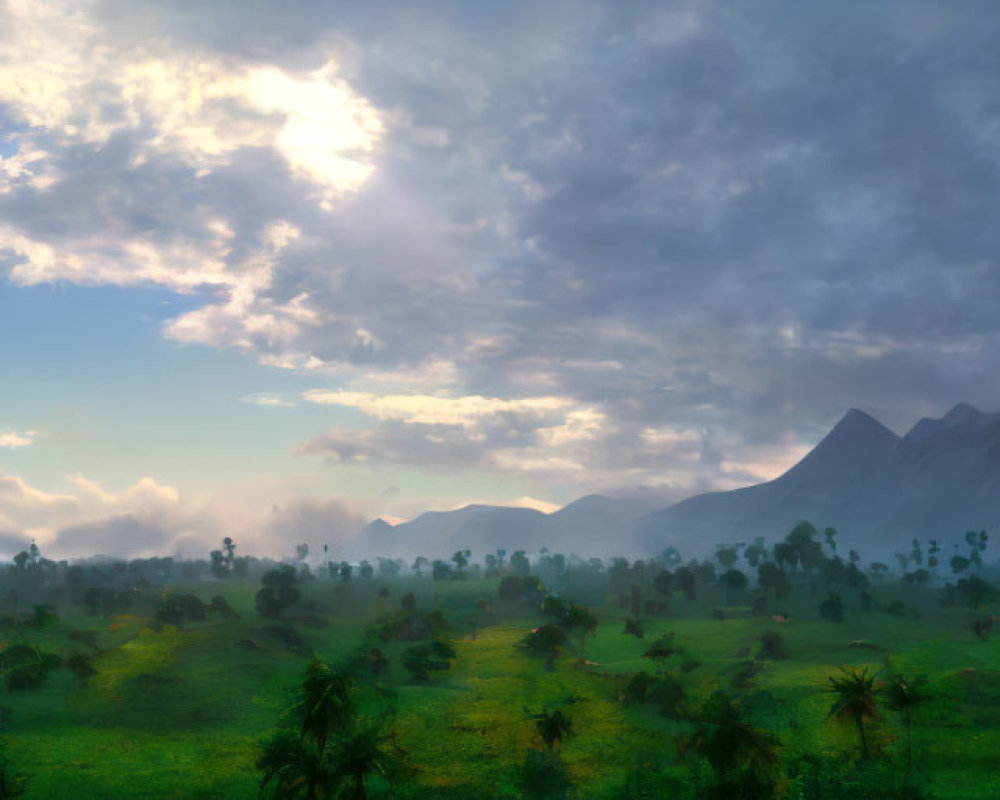 Serene landscape with sun breaking through clouds over misty mountains.