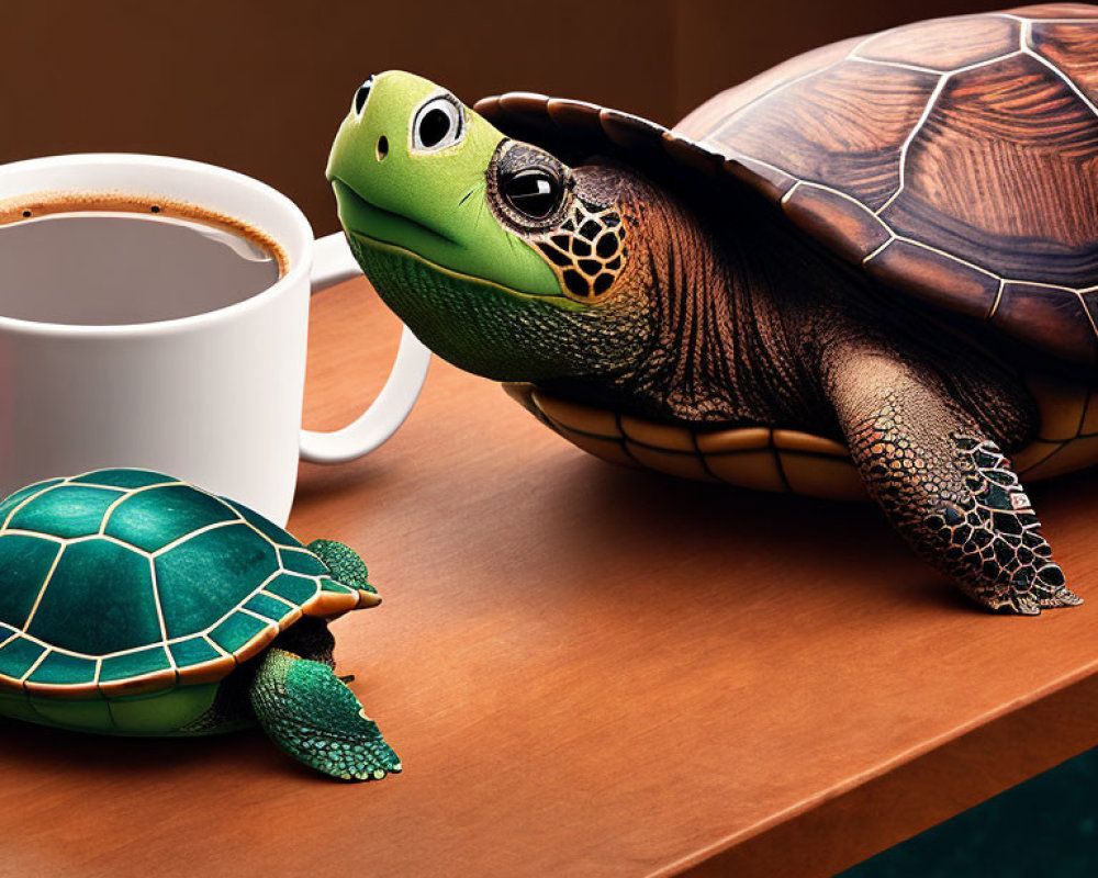 Turtle Figurine Design with Small Turtle and Coffee Cup on Wood