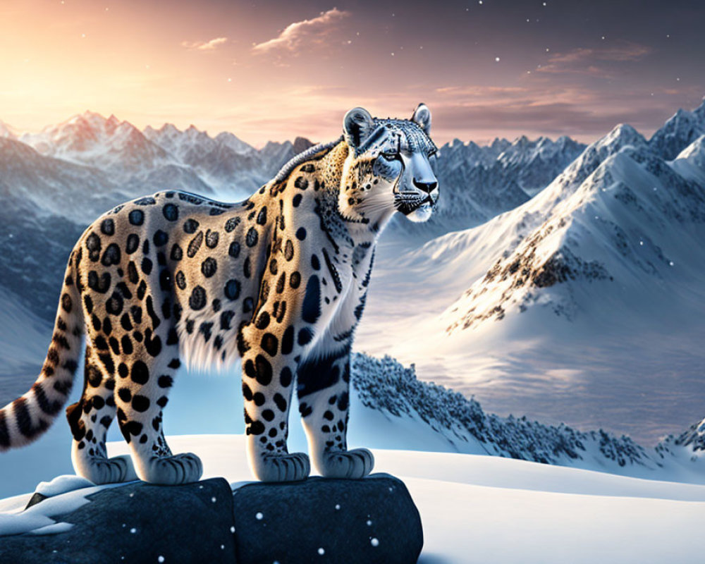 Snow leopard on rock in snowy mountain twilight.