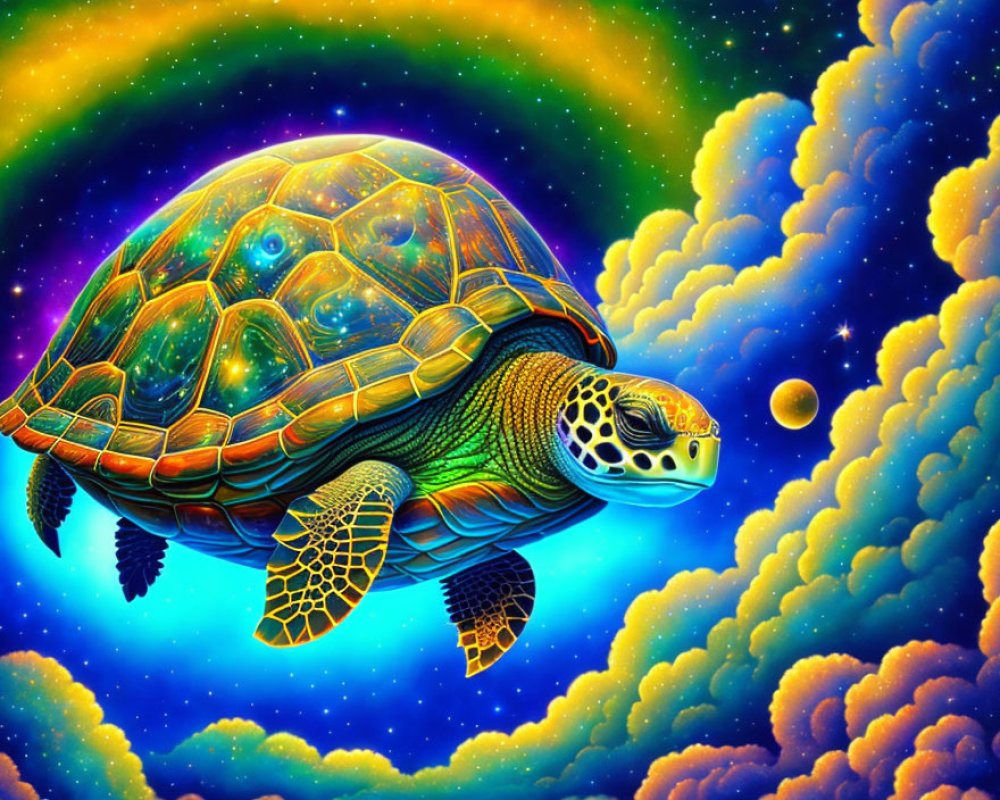 Colorful Cosmic Turtle Illustration with Star-Filled Shell