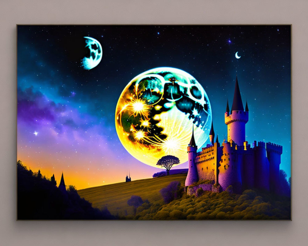 Digital Art: Castle on Hill with Fantasy Moon & Gears