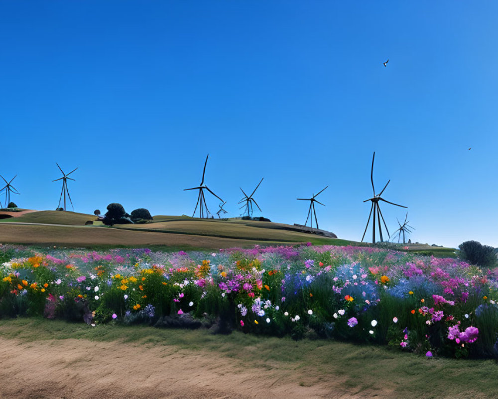 Panoramic view of wind farm on rolling hills with wildflowers and birds in clear blue sky