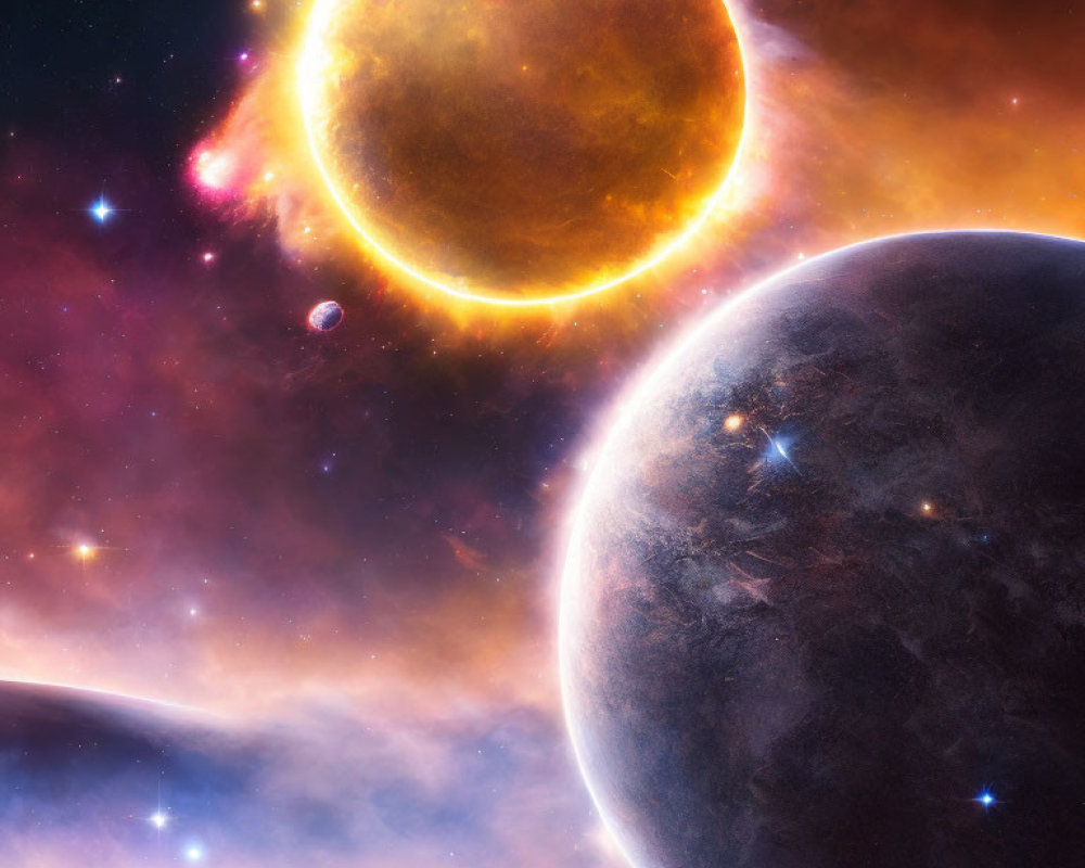 Colorful cosmic scene with sun, planets, stars, and nebulous clouds