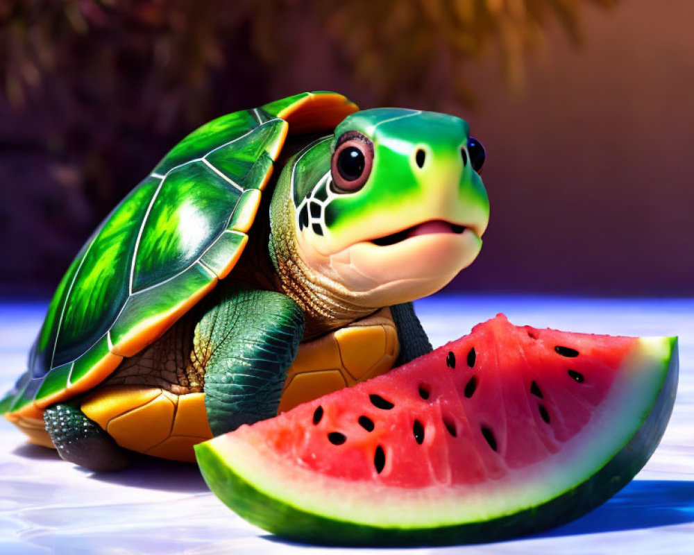 Bright Green Toy Turtle Nibbling Watermelon on Blue Background