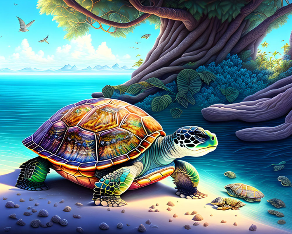 Colorful Sea Turtle Illustration on Sandy Beach with Tropical Landscape