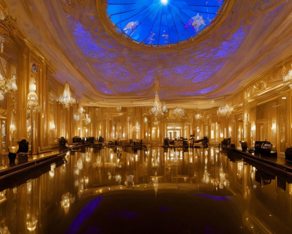 Luxurious Room with Golden Walls, Chandeliers, Reflective Floor, and Blue Glass Dome