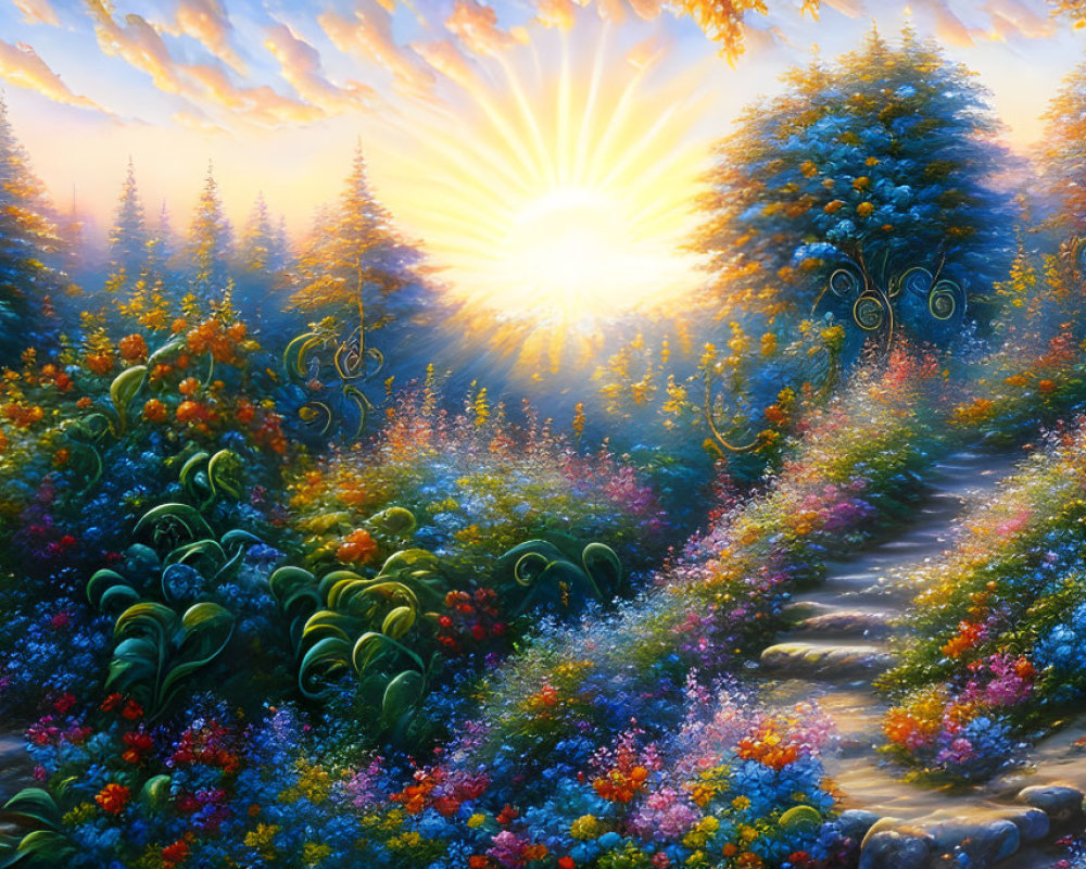 Vibrant landscape painting: sunlit path in blossom-filled forest