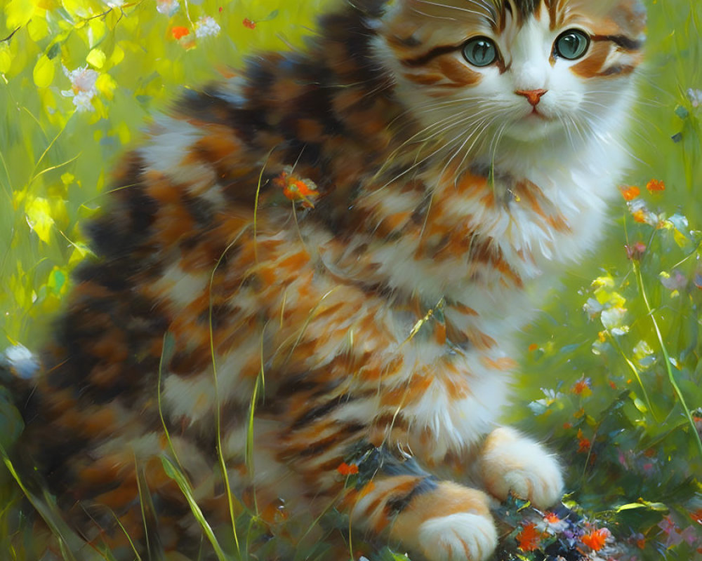 Detailed Painting: Fluffy Kitten Among Wildflowers and Greenery