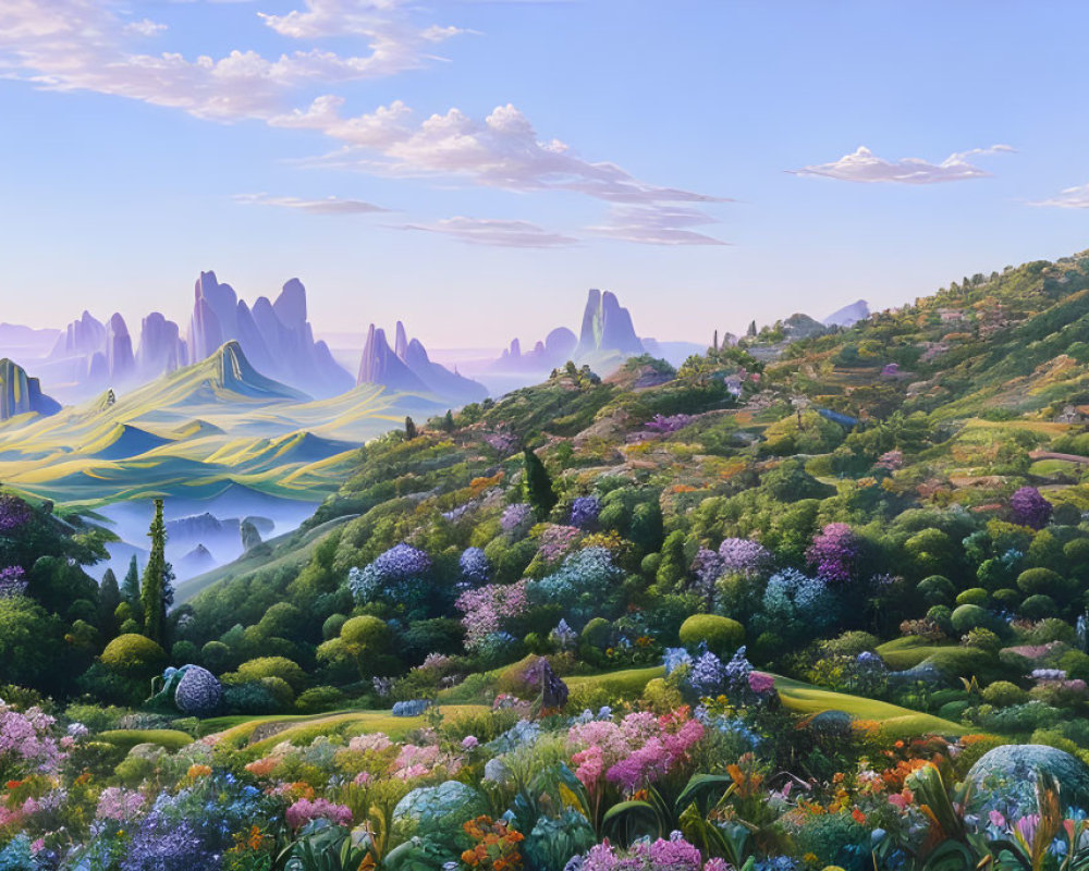 Panoramic fantasy landscape: vibrant flowers, lush hills, misty mountains.