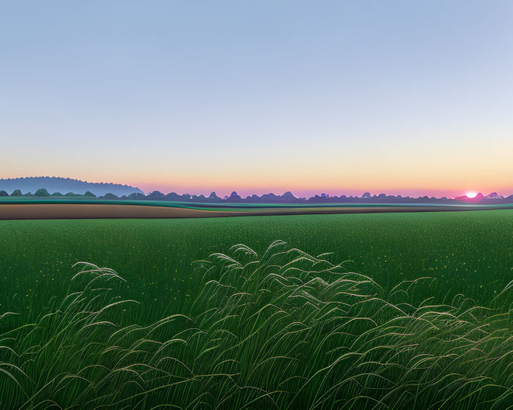 Tranquil sunrise landscape with lush fields and colorful sky