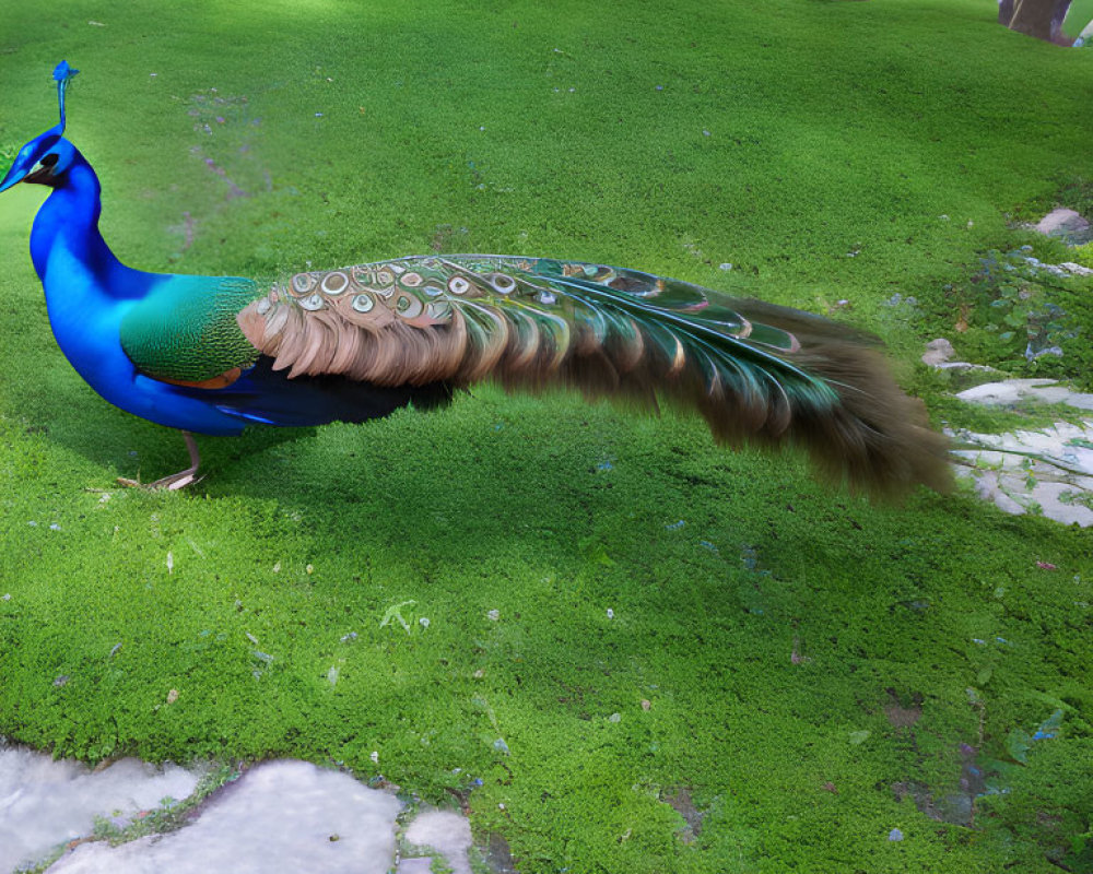 Colorful peacock in lush green forest with sunlight and flowers