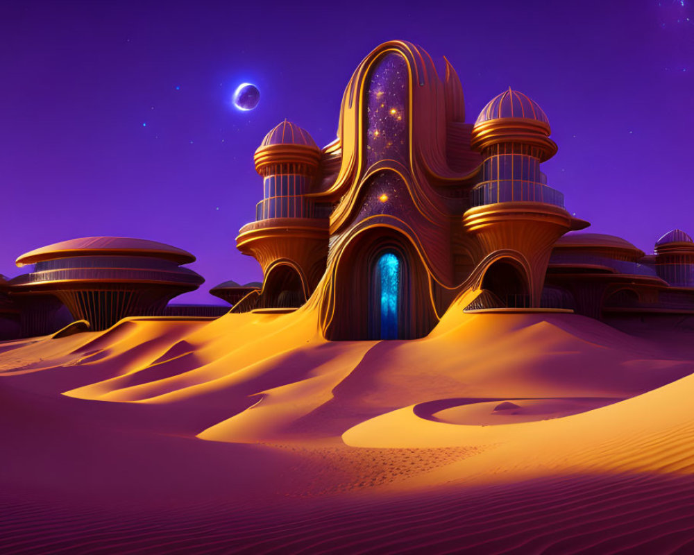 Futuristic desert city twilight scene with curved buildings under starry sky