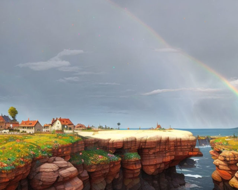 Scenic coastal village with rainbow, houses, and cliff view