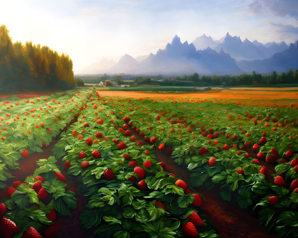 Ripe berries in strawberry field with hazy mountains at sunrise or sunset