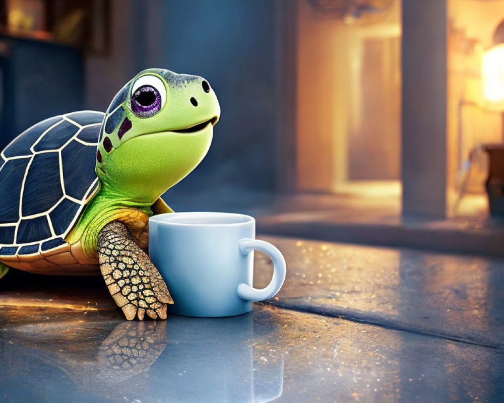 Expressive-eyed animated turtle at table with mug in cozy room.