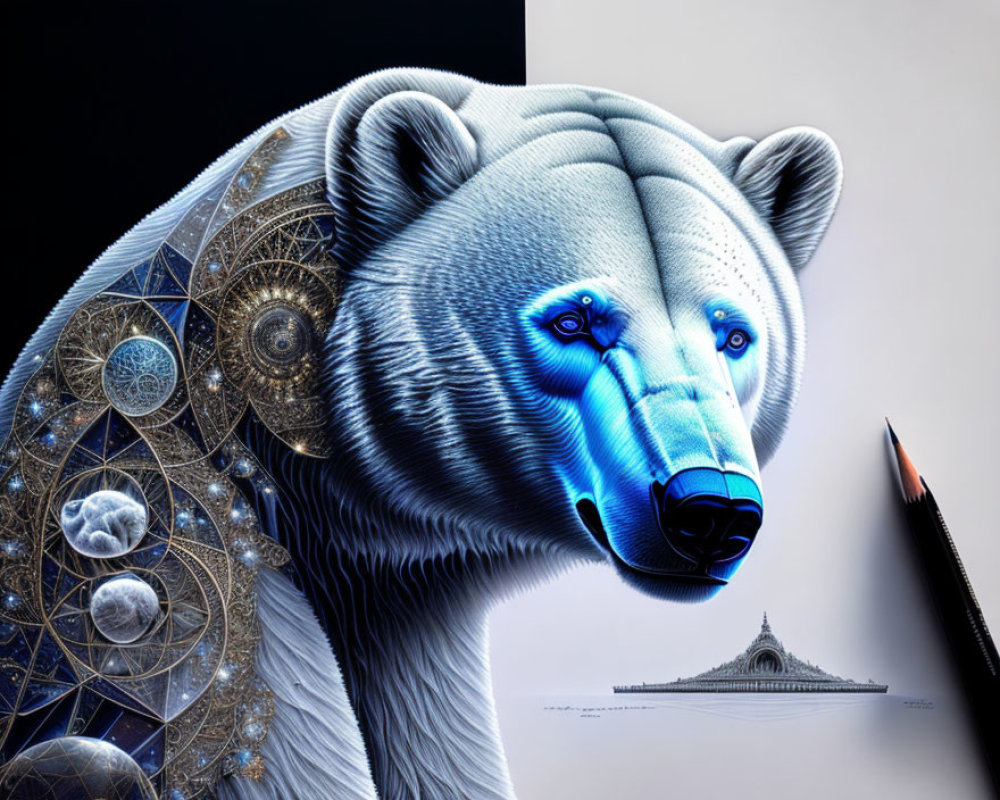 Digital artwork: Polar bear with mechanical, cosmic design on one side, against black and white backdrop with