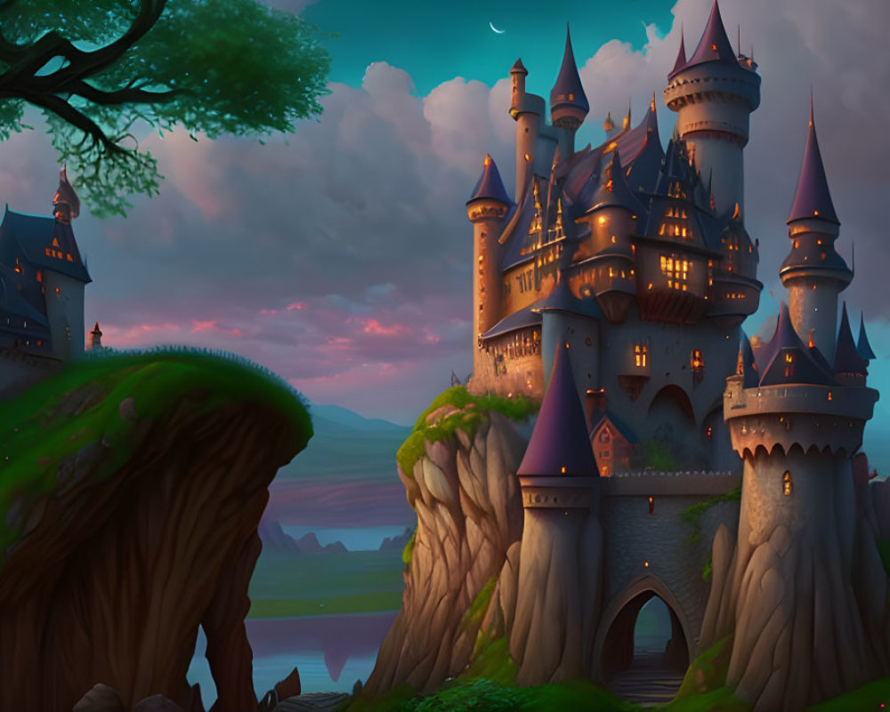 Majestic twilight castle with spires and ancient tree in lush landscape