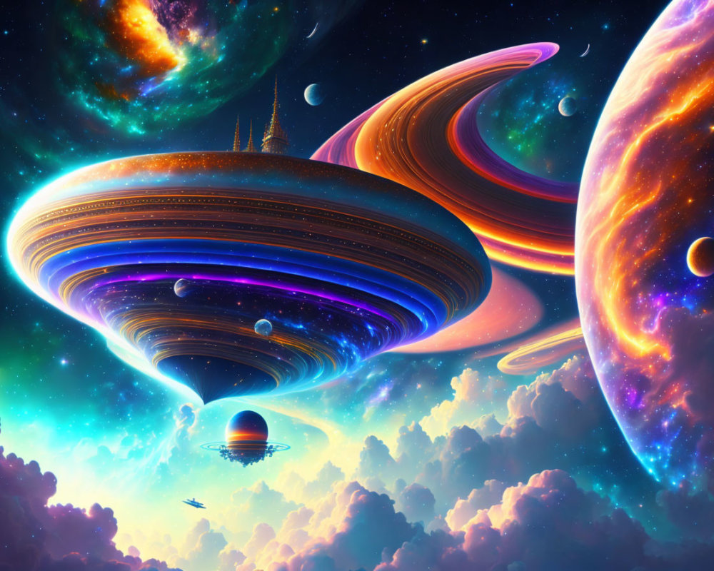 Colorful cosmic scene with UFO, nebulae, planets, and spaceship