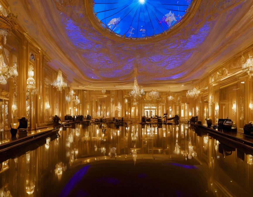 Luxurious Room with Golden Walls, Chandeliers, Reflective Floor, and Blue Glass Dome