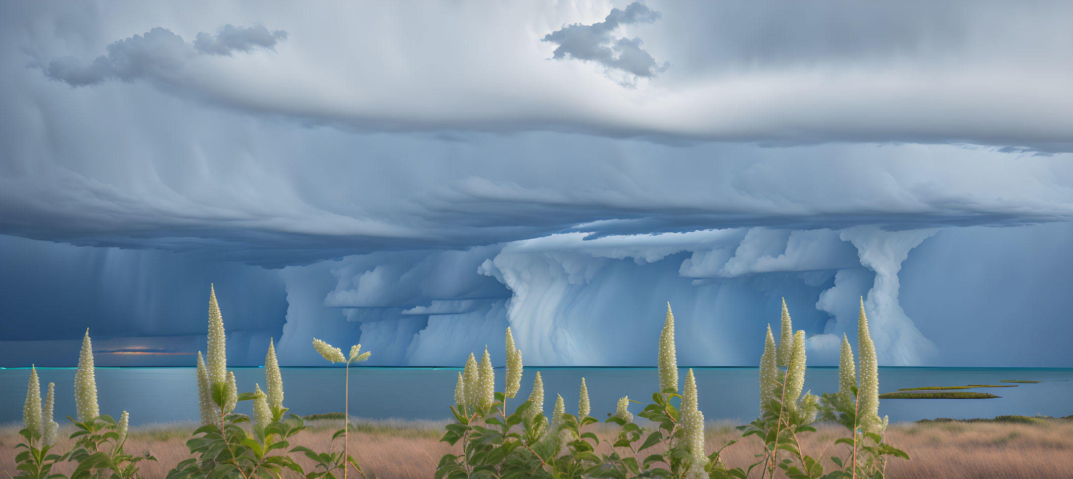 Panoramic View of Glacier, Stormy Sky, Greenery, and Sea