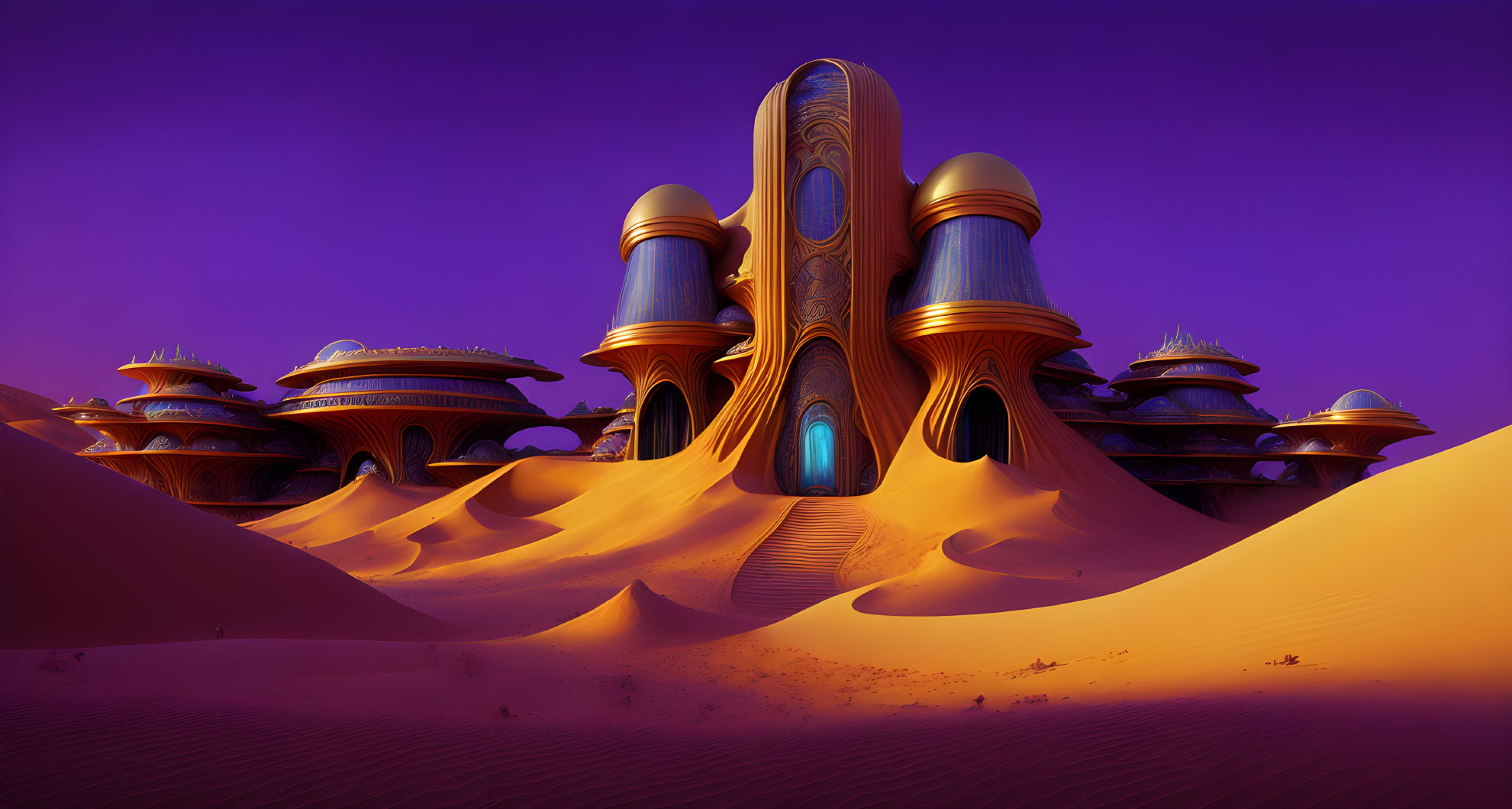 Sleek futuristic desert city with organic buildings and towering structure in purple sky