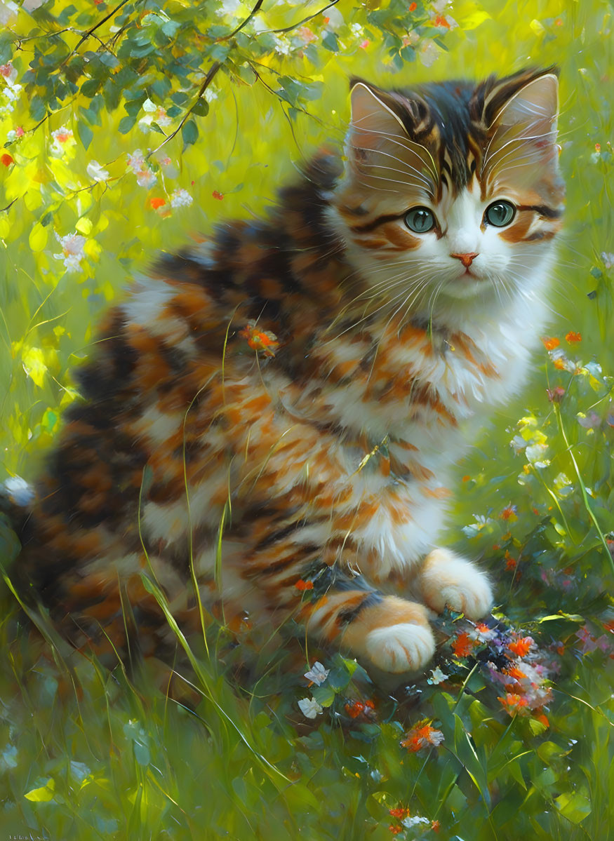 Detailed Painting: Fluffy Kitten Among Wildflowers and Greenery