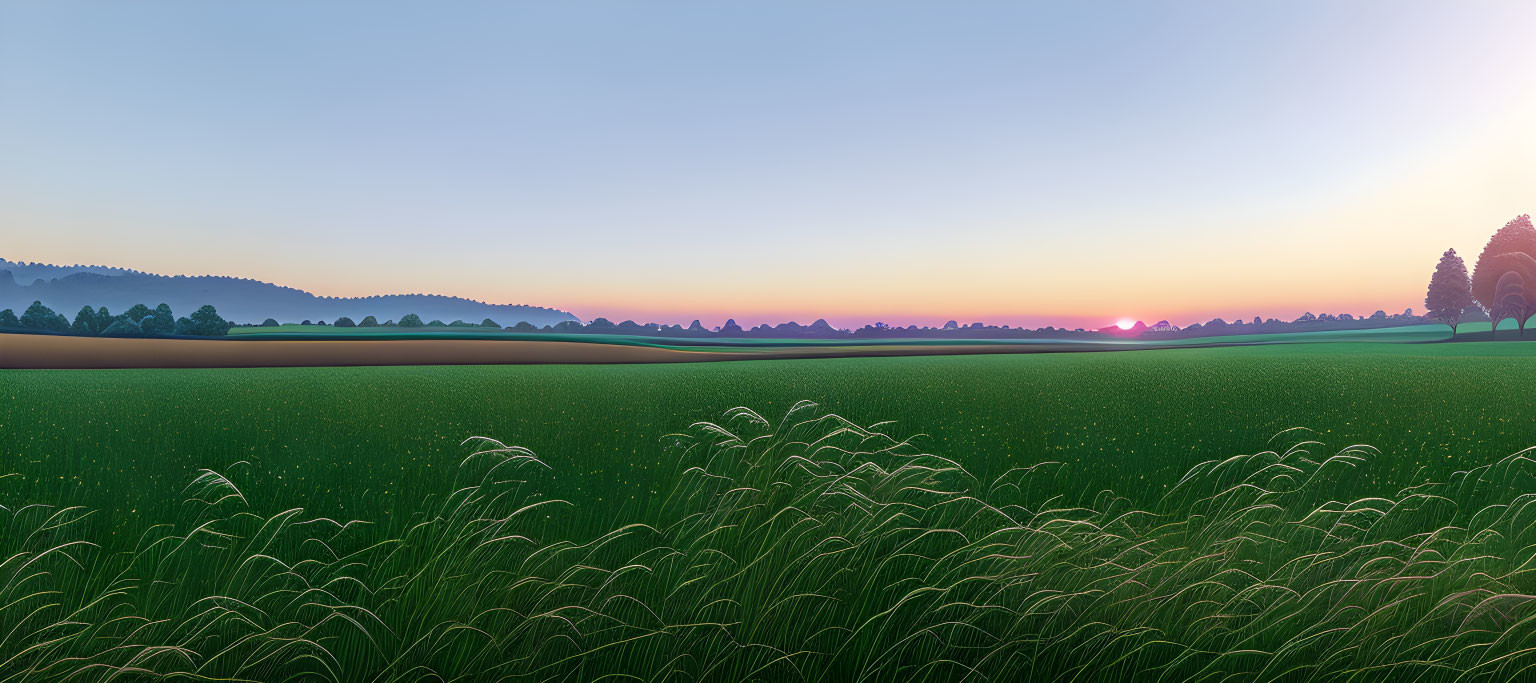 Tranquil sunrise landscape with lush fields and colorful sky