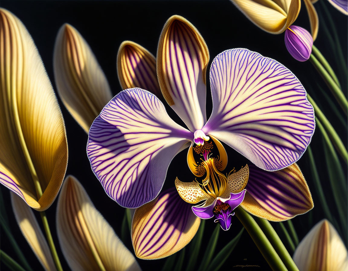 Detailed Close-Up of Vibrant Orchid Petals with Purple and Yellow Patterns