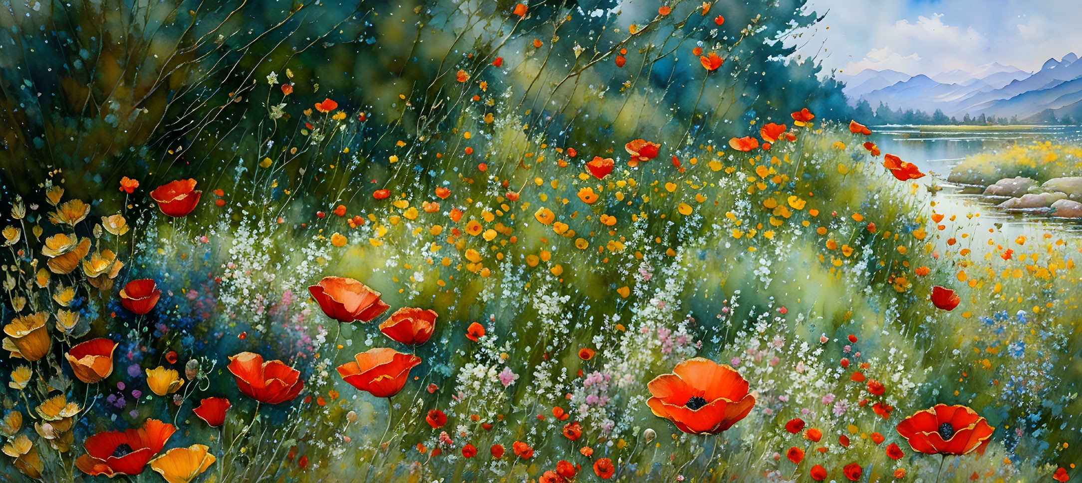 Colorful Field of Red Poppies and Wildflowers by River and Mountains