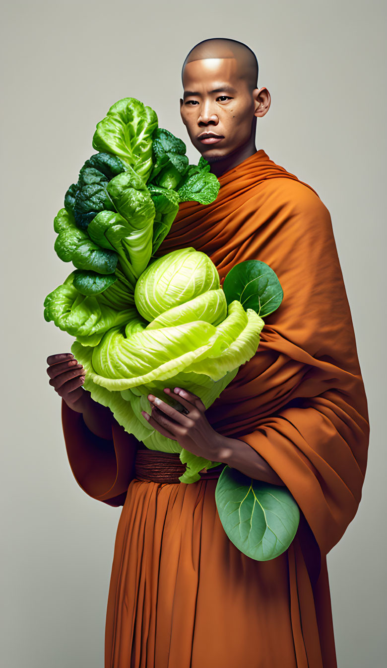 Monk in robe with leafy green vegetables on neutral background