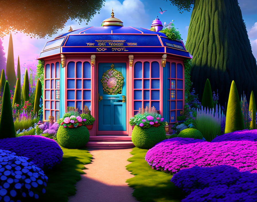 Vibrant whimsical garden with blue-topped kiosk and lush flora