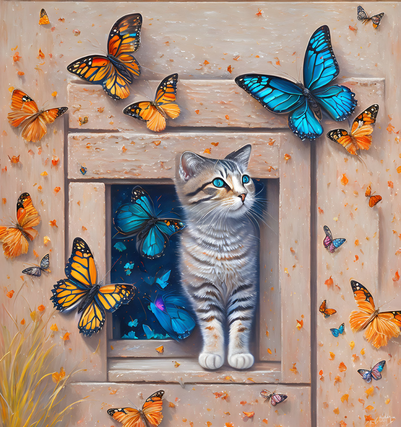 Tabby cat with colorful butterflies on wooden window frame