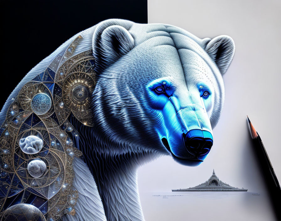 Digital artwork: Polar bear with mechanical, cosmic design on one side, against black and white backdrop with