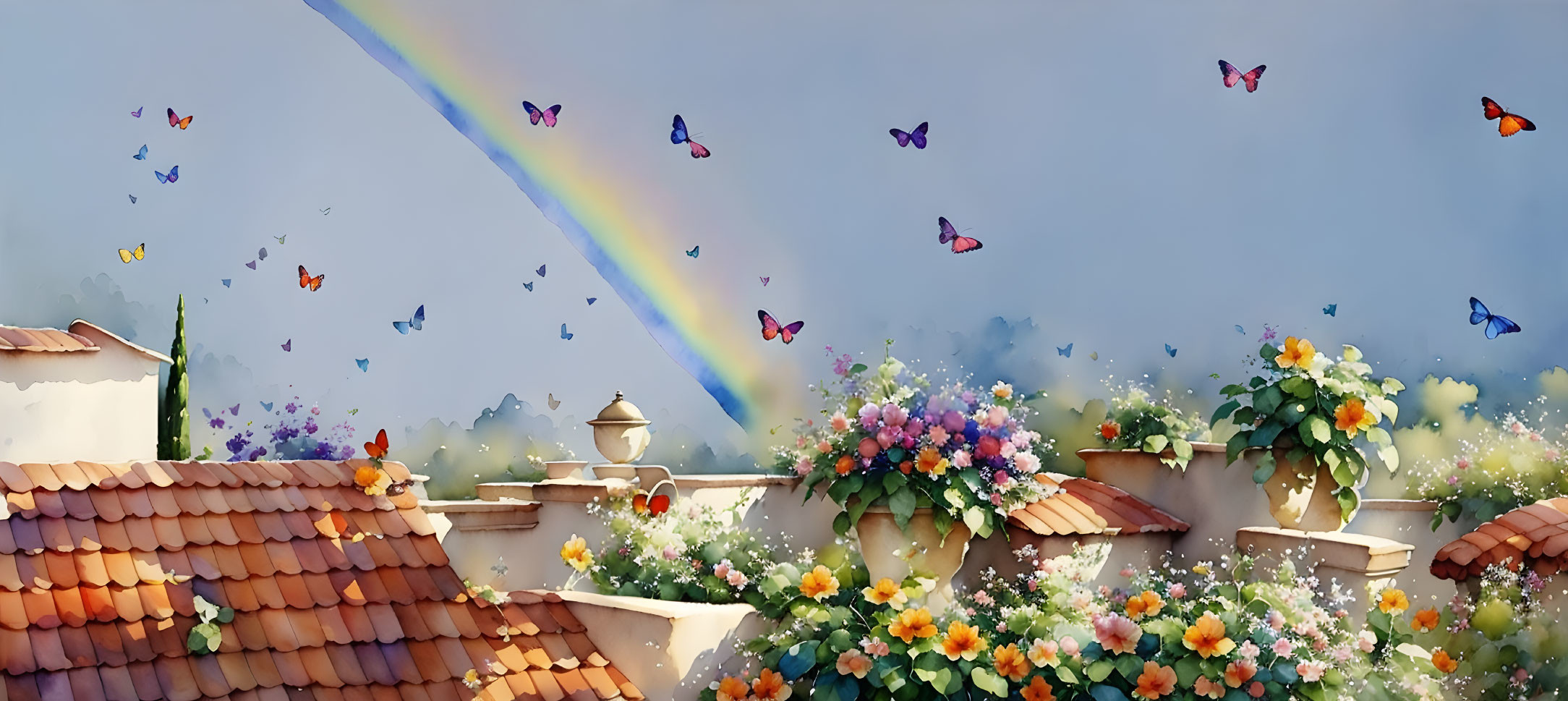 Rainbow over tiled rooftops with blooming flowers and butterflies